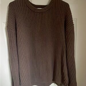 Elegant Brown Ribbed Crew Neck Sweater